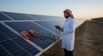 Arab Engineer Inspecting Solar Panels with Multimeters at Dusk