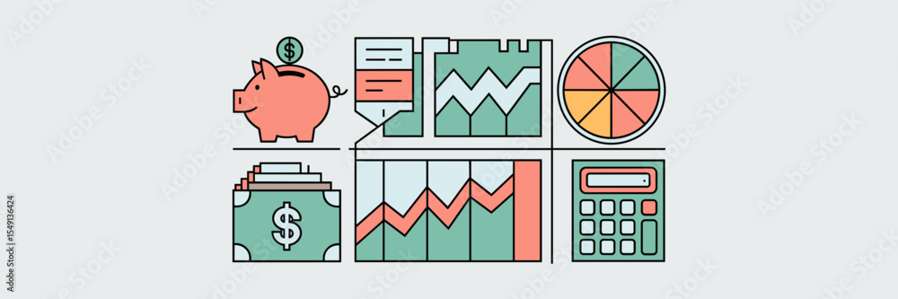 Poster budgeting tool vector icons in grid layout with piggy bank, graph, and calculator