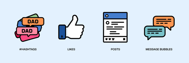 Vector icons for Father's Day social media including likes and hashtags