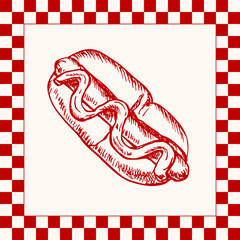 Hot dog outline sketch illustration, fast food hand-drawn vector clipart. Sausage in a bread bun drawing in engraving style, isolated