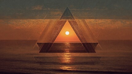 Sunset over sea framed by ethereal geometric triangles