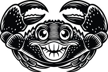 Amusing crab displays large claws and playful grin in a black and white rendering