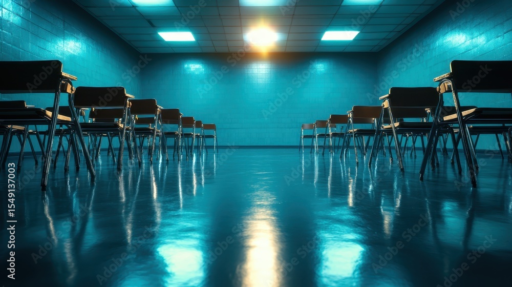Poster an empty classroom featuring blue lighting and polished floors, creating a contemporary and calming 