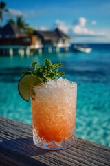 Pink Tropical Cocktail on Beachside Railing