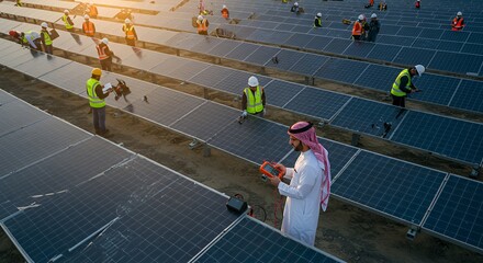 Arabian Solar Farm Technicians Inspecting and Maintaining Photovoltaic Panels