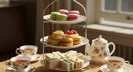 Indulge in the elegance of a traditional afternoon tea, complete with delicate pastries, finger sandwiches, and fragrant tea served in exquisite floral china.