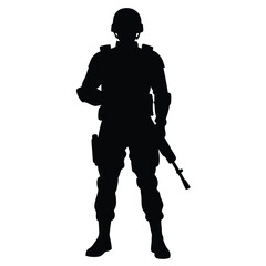 Silhouette of a soldier in combat gear standing at attention with rifle weapon