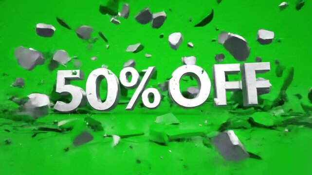 Fifty percent off text in silver on a green background with shattering effect and debris falling down