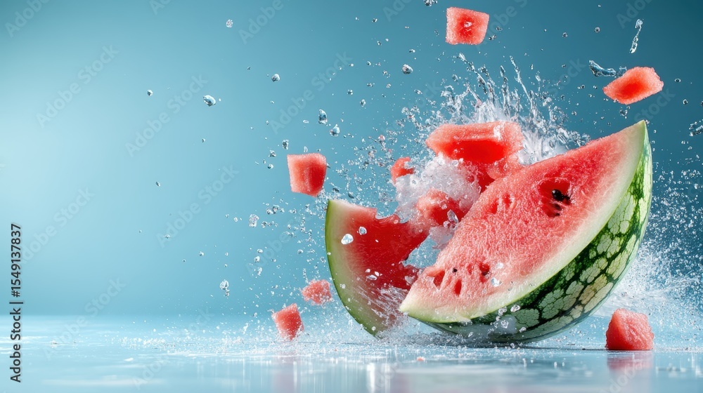 Poster a dynamic visual of a watermelon exploding into pieces, sending droplets of water flying in all dire