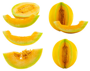 High Quality PNG Picture of orange honeydew melon melon slices and halves on white background.