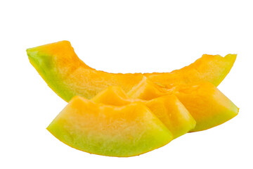 High Quality PNG Picture of orange honeydew melon slices on white background.