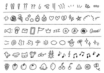 漫符や動物、フルーツのイラスト、あしらい