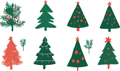 Hand Drawn Christmas Trees Set with Decorations on White Background