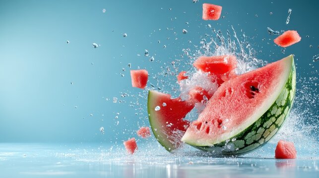 A dynamic visual of a watermelon exploding into pieces, sending droplets of water flying in all directions, capturing a moment of energy and freshness against a serene backdrop.