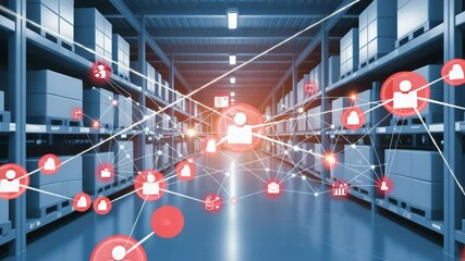 Warehouse Aisle with a Digital Network of People Icons - Powered by Adobe