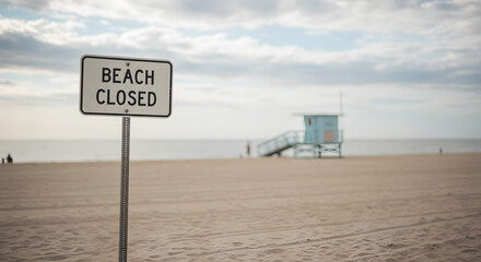 Beach warning sign with “Beach Closed” text near lifeguard tower under clear blue sky