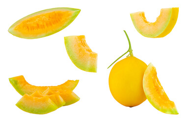 High Quality PNG Picture of yellow honeydew melon slices, isolated on white background.
