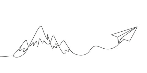Paper Airplane Soaring Above Mountain Range in a Single Line Drawing