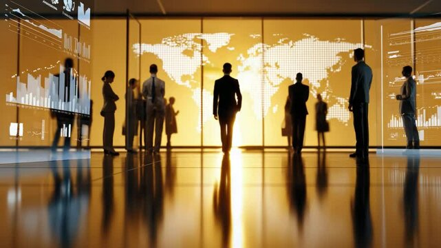 Global Vision: A group of diverse business professionals stand silhouetted, contemplating a world map, embodying leadership and innovation amidst a backdrop of technology. - Powered by Adobe