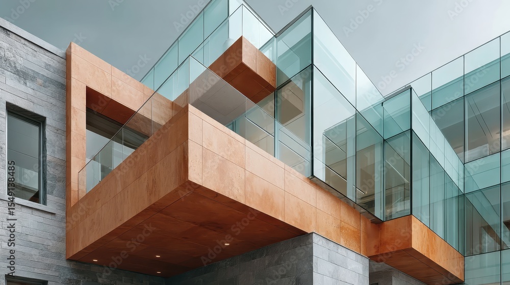 Poster this striking image showcases a modern architectural design, featuring a unique blend of glass and w