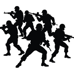 Silhouetted soldiers armed with rifles moving forward in combat on a white background