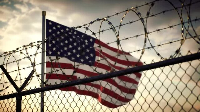 A powerful and somber image featuring a waving American flag behind a chain link fence topped with coils of barbed wire