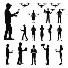Silhouettes of people with devices and drones representing technology and communication concepts