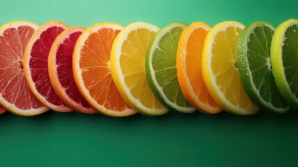 An eye-catching arrangement of various citrus fruit slices isolated on a vivid green background, representing freshness, vitality, and the beauty of nature’s bounty.