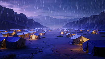 Fototapete Rund Illuminated tents in a mountain landscape at dusk under heavy rain depicting a campsite atmosphere © Nidhi