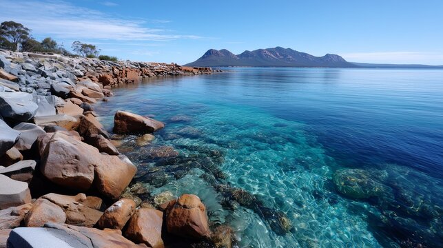 Rocky Tasmanian coastline with clear turquoise water
 - Powered by Adobe