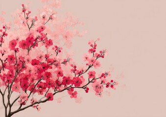 Fototapeta premium Pink And Red Cherry Blossoms On Branches Against A Light Pink Background