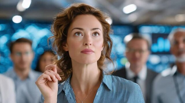 Visionary Leadership: A woman exudes confidence in a dynamic, futuristic workplace, showcasing determination and vision, symbolizing modern business acumen and progress.