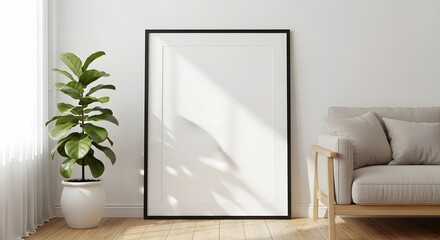 Fototapeta premium Framed Poster Leaning on Wall in Cozy Minimalist Living Room