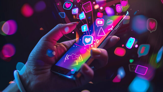 A modern hand holding a smartphone with a glowing social media app interface, neon colors, dark background. Illustrated with Ai.