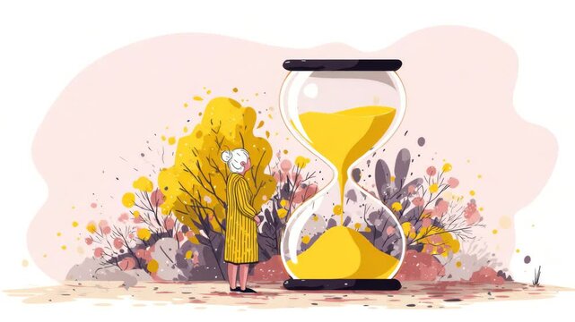 senior woman stands next to an hourglass metaphorical illustrated animation