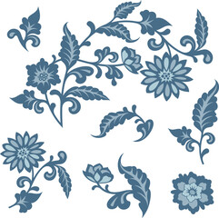 Vector floral blue ornaments in traditional Chinese Style. Exquisite romantic arabesque designs for page decorations, headers, wedding decors, invitations, greeting cards, embroidery, textile.	