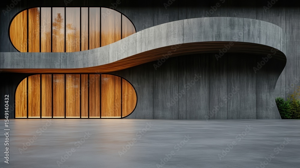 Poster a striking modern building featuring unique shapes and natural elements, blending functionality with