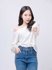Half body portrait happy smile young asian beautiful woman curly hair wearing long sleeve shirt, blue jeans outfit, casual standing pose on white background joy positivity fashion lifestyle concept.