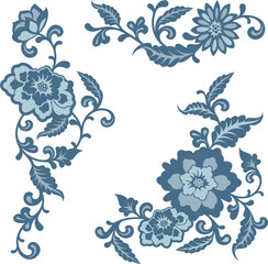 Vector floral blue ornaments in traditional Chinese Style. Exquisite romantic arabesque designs for page decorations, headers, wedding decors, invitations, greeting cards, embroidery, textile.	
