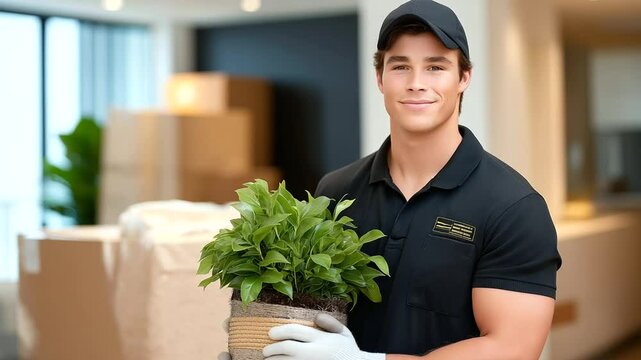 Mover carrying a plant and a moving box with padding