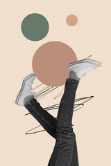 Vertical trendy magazine photo collage of anonym human girl guy legs peek wear sneakers jeans...
