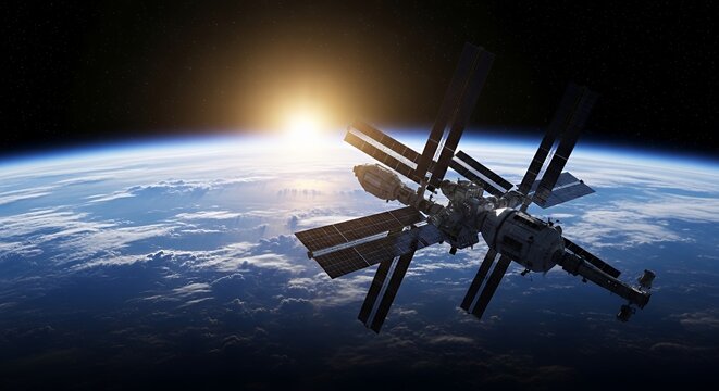 Detailed Space Station Orbiting Earth at Sunrise in Dark Outer Space - Powered by Adobe