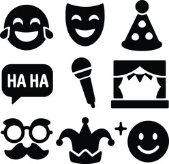 Black silhouette icon set for International Joke Day. Solid black vector pictograms featuring laughing emoji, comedy mask, clown nose, jester hat, joke bubble, stand-up mic, whoopee cushion, cartoon 