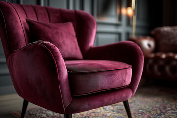 Fototapeta premium Luxurious deep burgundy velvet armchair with plush cushions in a modern elegant interior setting featuring soft textures stylish lighting and sophisticated living room furniture design