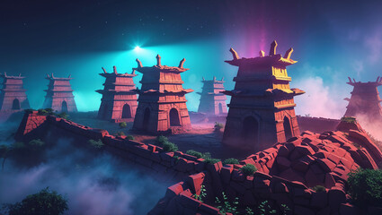 Mystical landscape with ancient structures illuminated under a vibrant night sky with atmospheric hues