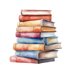 Watercolor illustration of stacked books on a transparent background