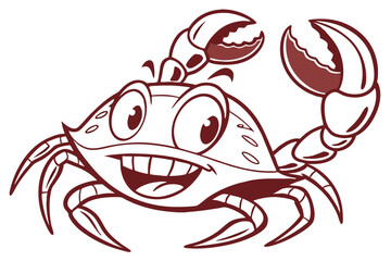 Cartoon crab cheerfully waves its claws, showing its big teeth and happy expression