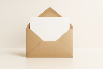 Blank white card inside kraft paper envelope on beige background, minimal stationery mockup for design and branding