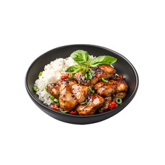 Fototapeta premium Delicious Teriyaki Chicken with Rice and Sesame Seeds in a Black Bowl