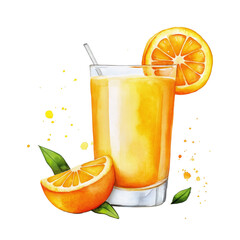 Element watercolor orange juice in a glass with orange fruit slices